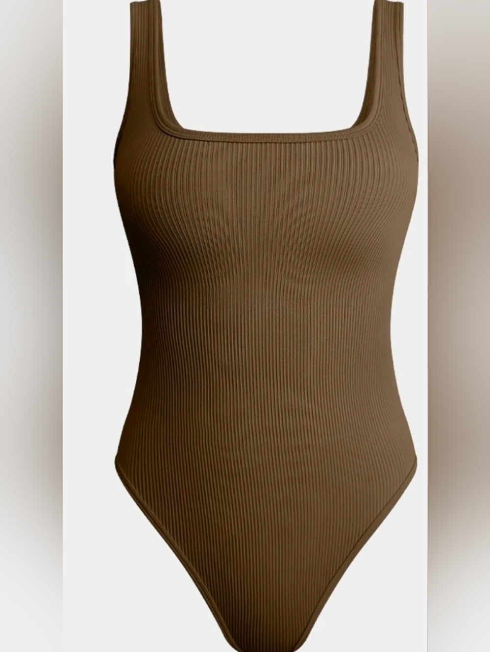 Brown NWOT Ribbed Square-Neck One-Piece Bodysuit  With Tummy Control